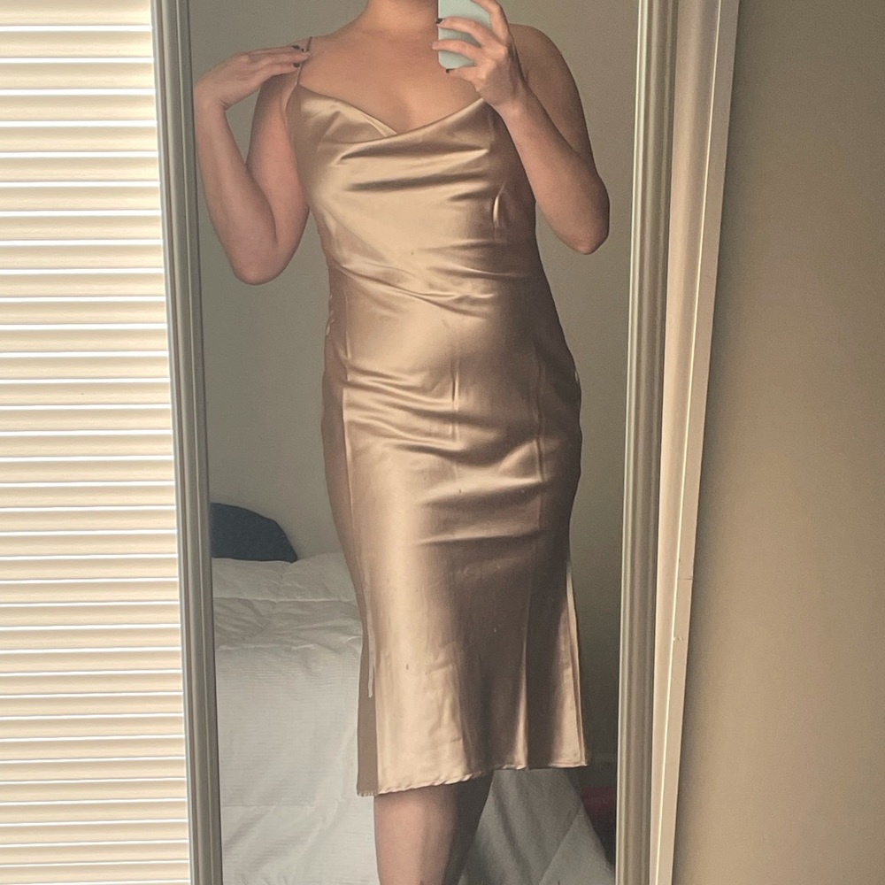 Vibrant Gold Cowl Neck Midi Slip Dress